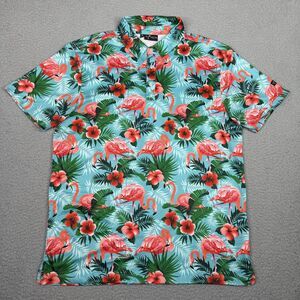Yatta Golf Polo Shirt Mens M Blue Pink Flamingo Floral All Over Print Hawaiian